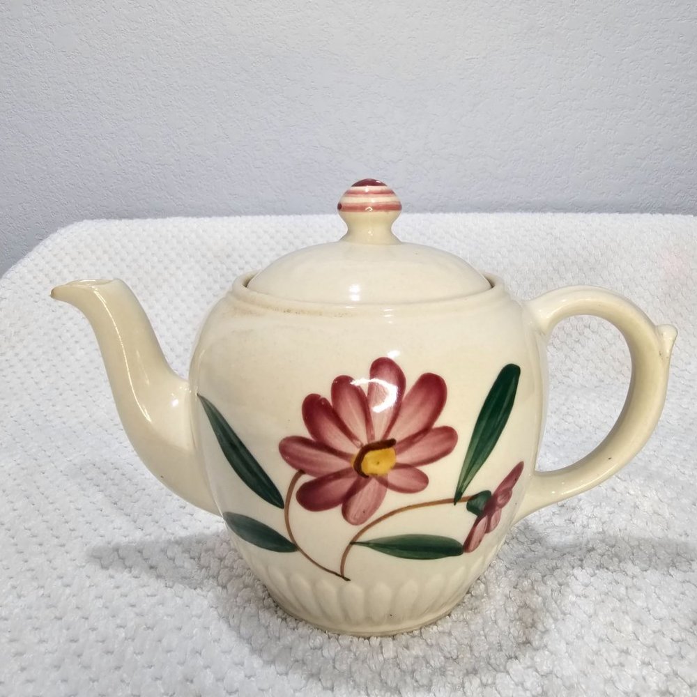 Vintage Shawnee Pottery Teapot Red Flowers Vertical Ribs 5 Cup 1940s